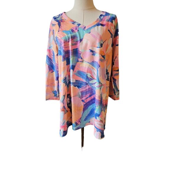 Soft Surroundings V-Neck Watercolor Floral Abstract Tunic Top Women Size L Multi - Picture 1 of 3